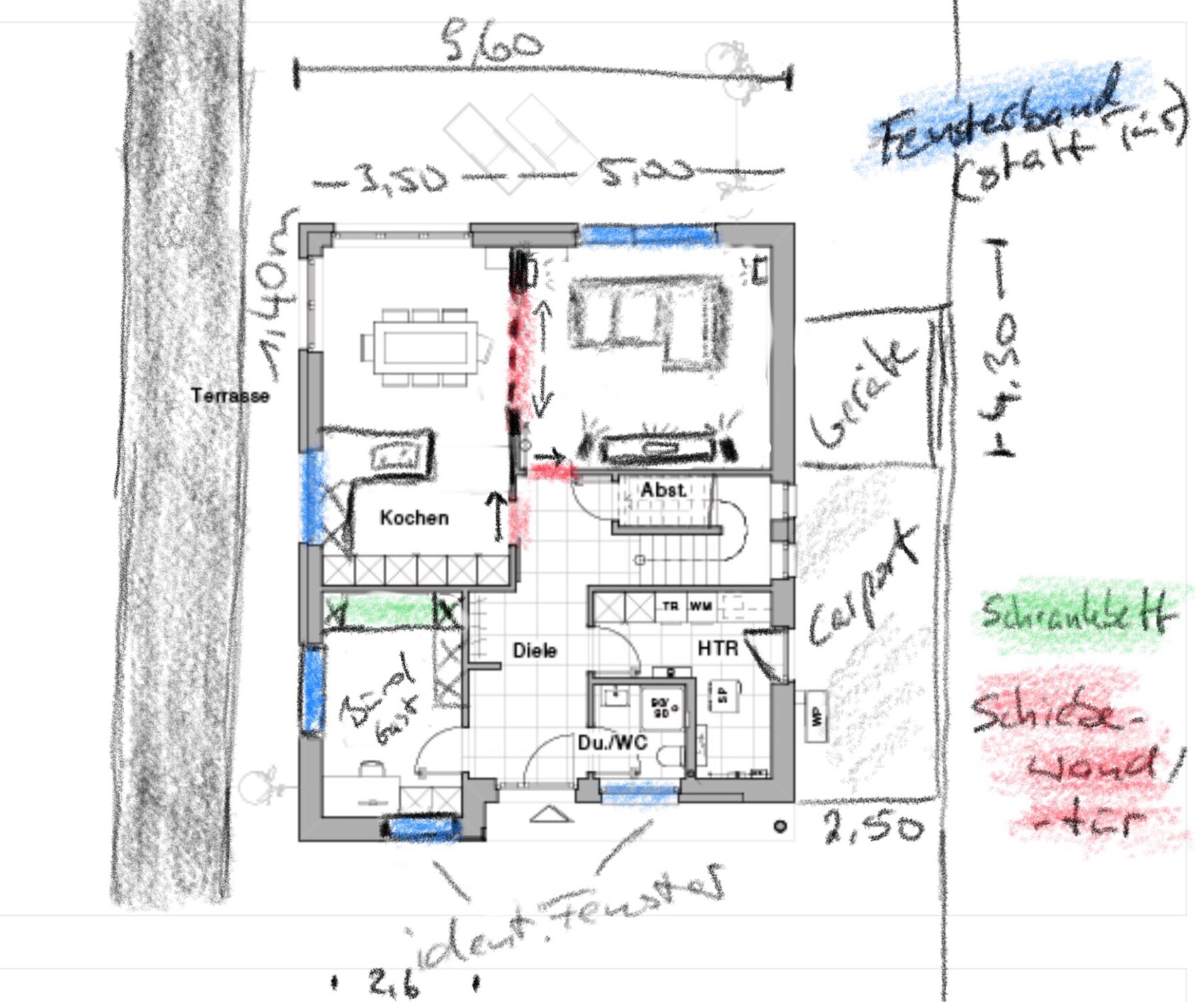 Skizzenhafter Hausgrundriss mit Küche, Essbereich, Wohnzimmer, Diele, Terrasse und Garten.