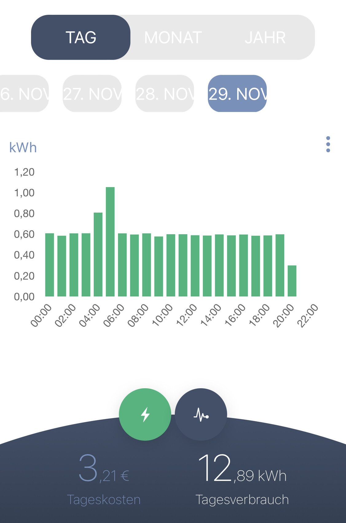 Tagesübersicht: Balkendiagramm des stündlichen KWh-Verbrauchs am 29. NOV; Kosten 3,21 €, Verbrauch 12,89 kWh