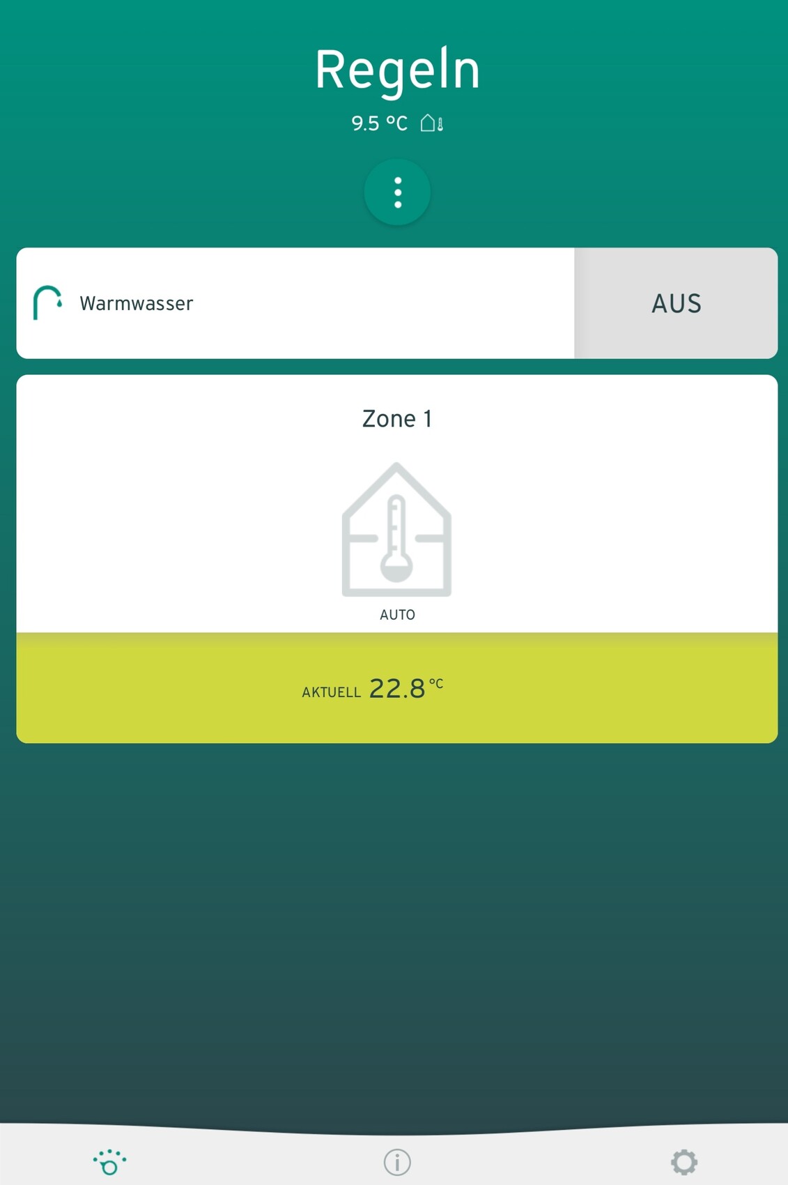 Heizungs-App: Zone 1 Auto, Warmwasser AUS, aktuelle Temperatur 22.8°C