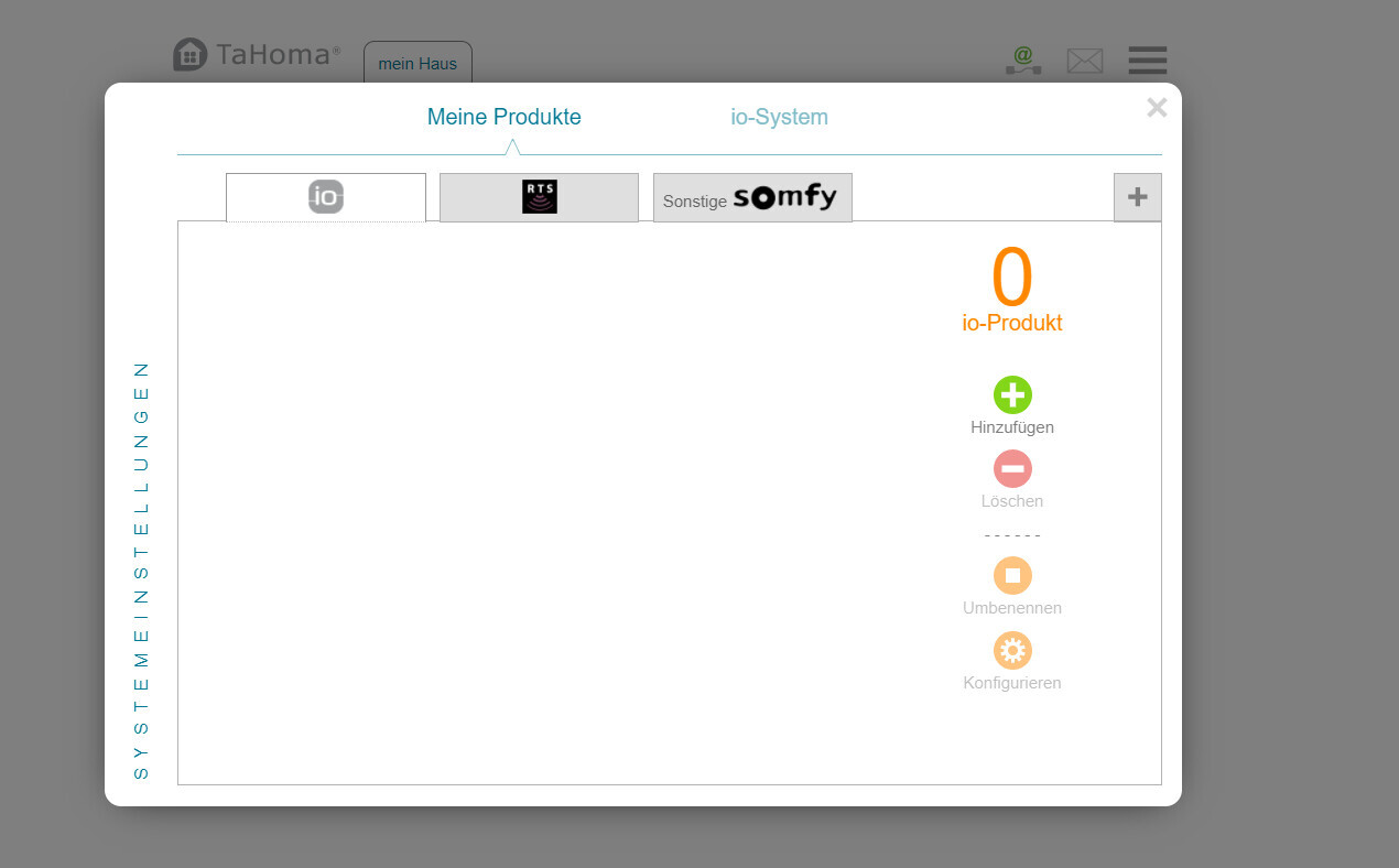 Screenshot einer Smart-Home-Verwaltungsoberfläche mit io-System-Panel und Konfigurieren-Funktionen