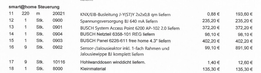Preisliste Smart-Home-Komponenten (KNX/EIB): Busleitung, Versorgung, Sensoren, Zubehör.