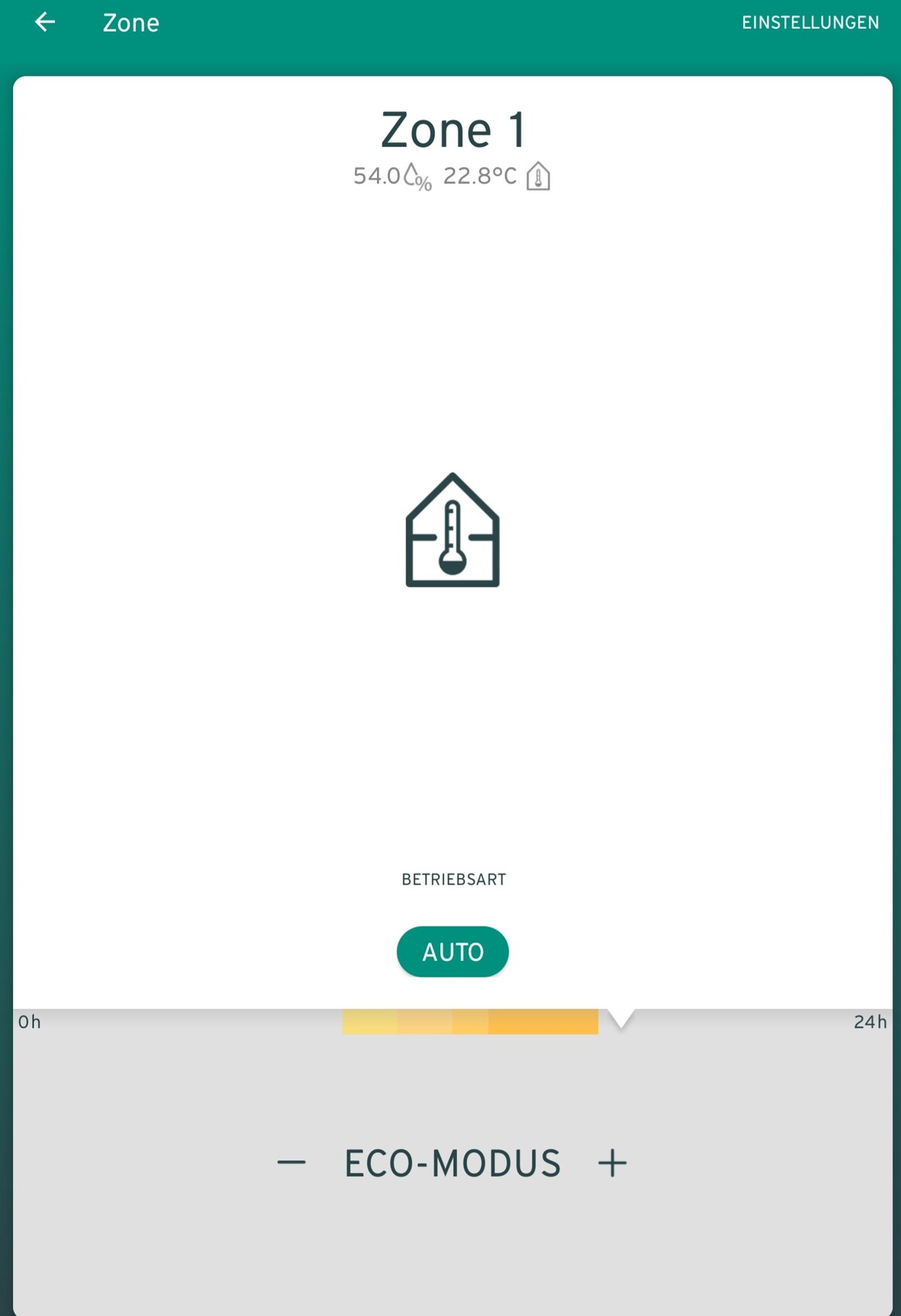 Smart-Home-App: Zone 1 mit Temperatur 22.8°C, Luftfeuchte 54%, Thermometer-Symbol, Auto-Modus.