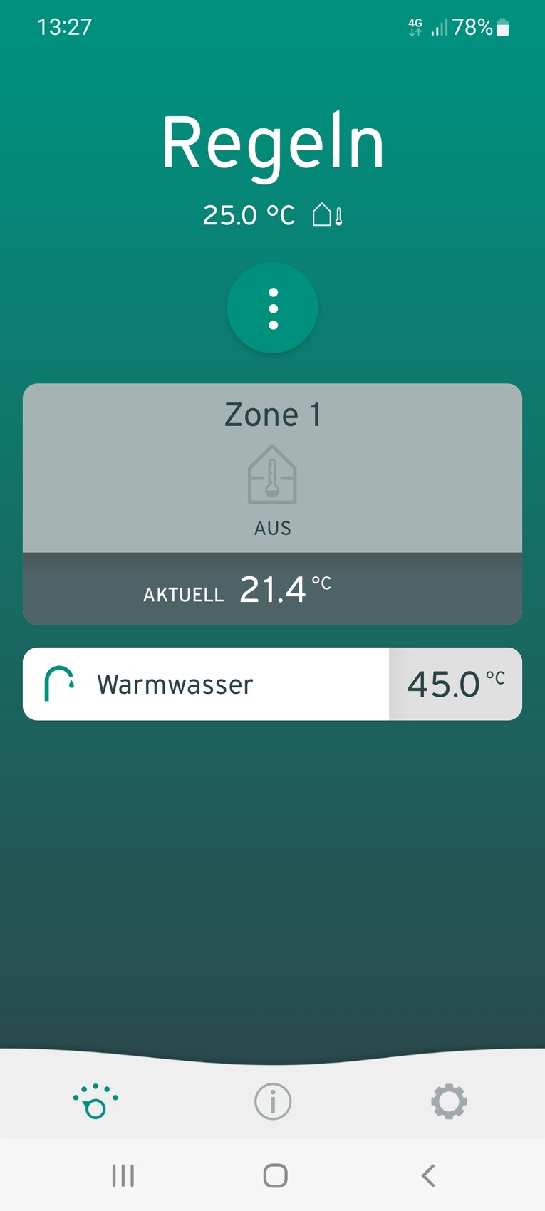 Regeln-App: Zone 1 AUS, aktuelle Temperatur 21,4°C, Warmwasser 45,0°C