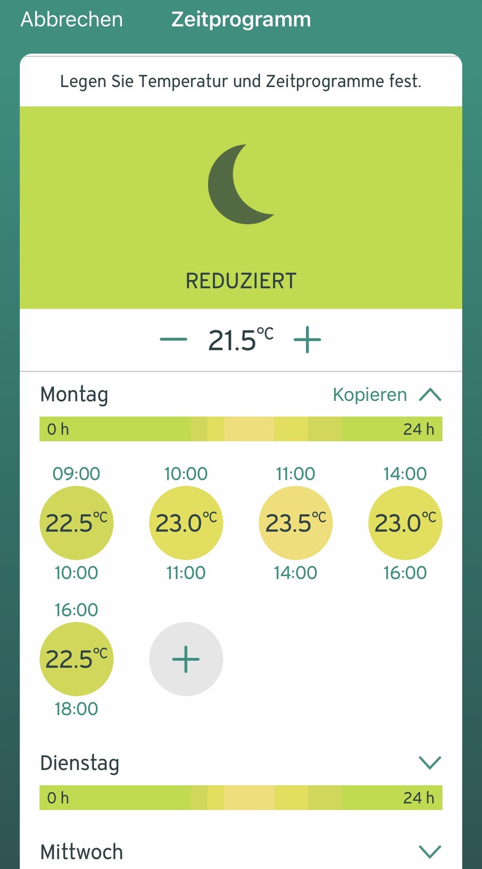 Screenshot einer Heizungs-App zur Temperatur- und Zeitprogrammierung mit Montag-Plan.