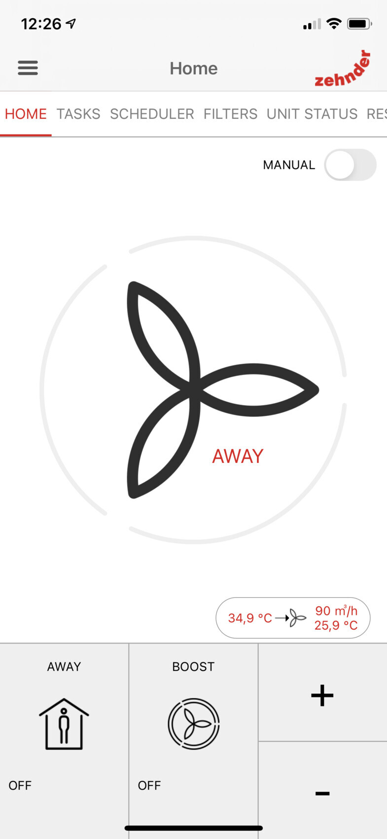 Smart-Home-App Bildschirm mit Away-Modus Lüftungssteuerung und Ventilator-Symbol