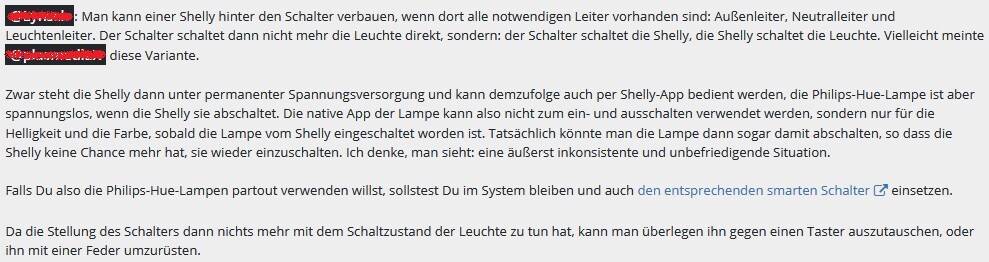 Screenshot eines Textblocks über Shelly hinter dem Schalter, Leuchten, App und Hue-Lampe.
