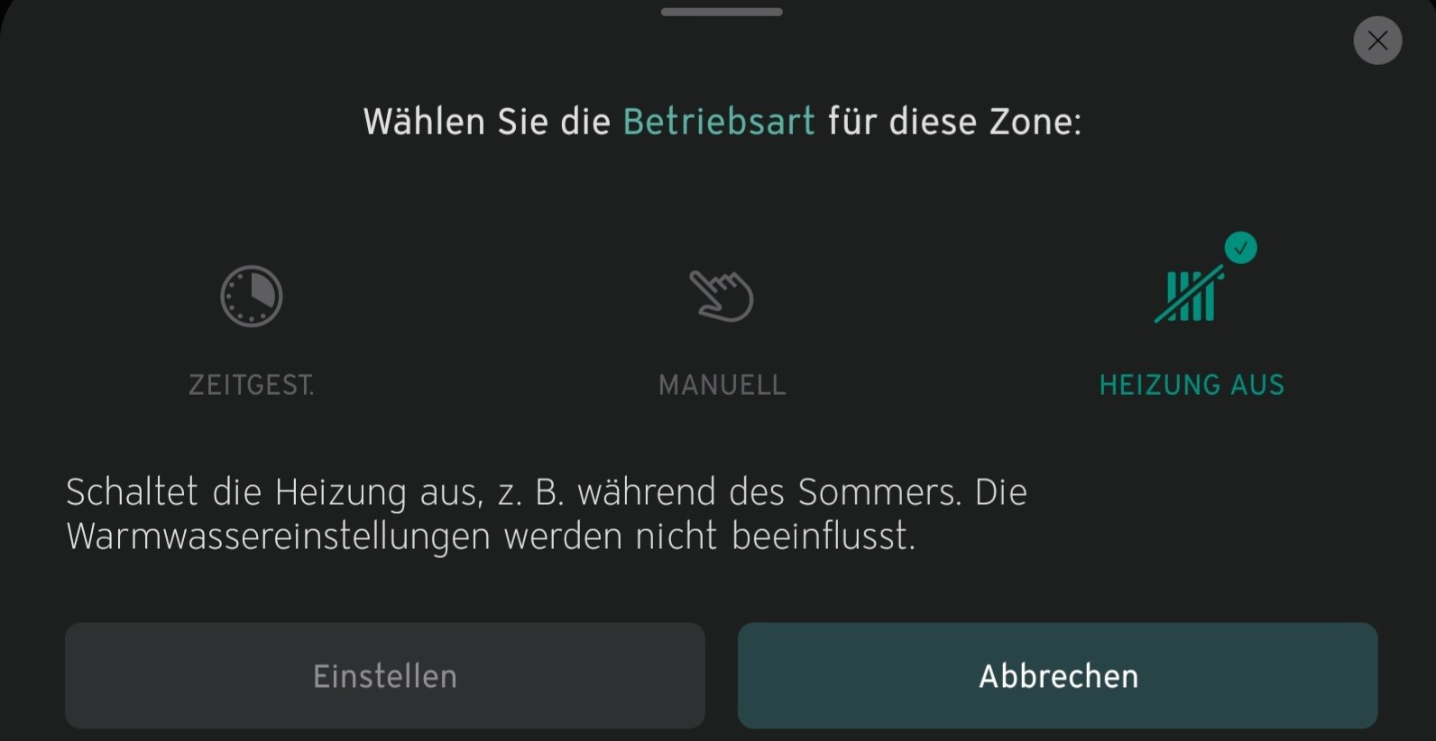 UI-Screen zur Auswahl der Betriebsart für eine Zone: Zeitgesteuert, Manuell oder Heizung aus