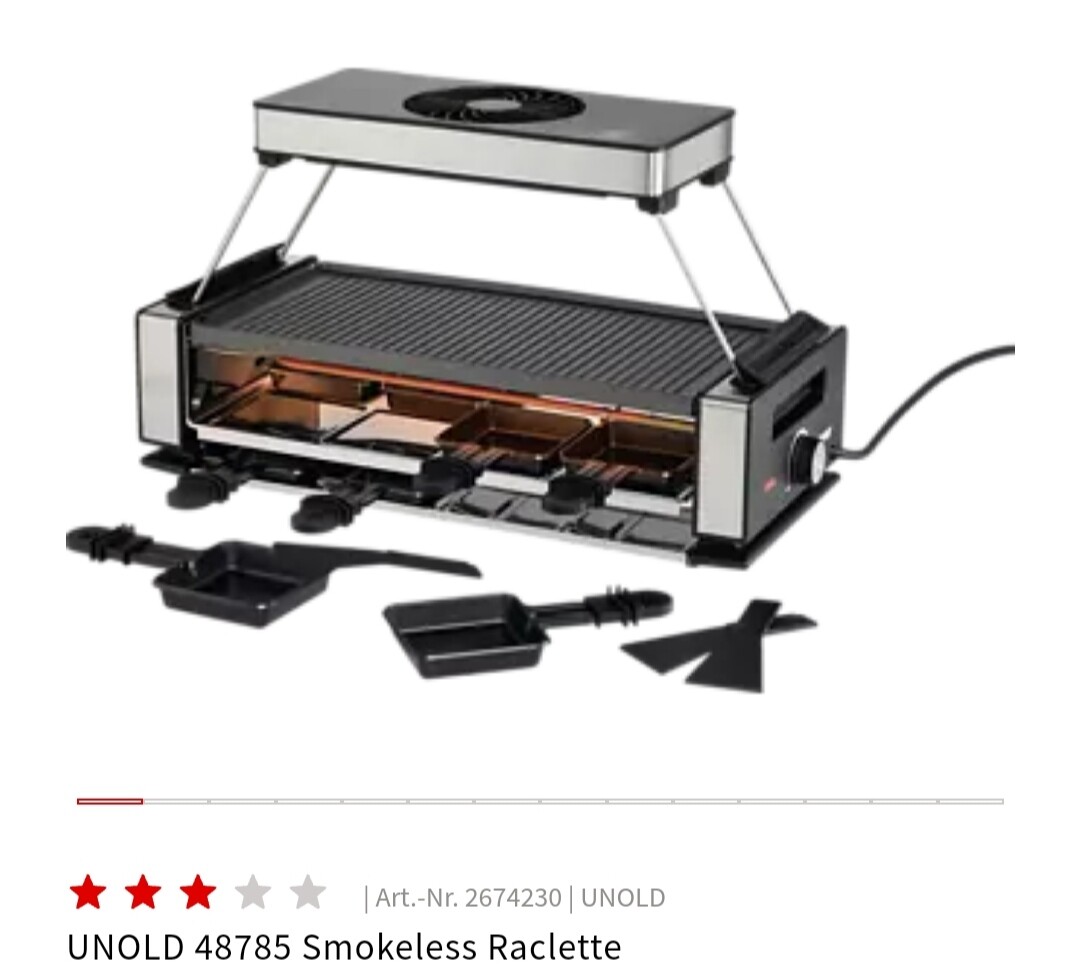 Smokeless Raclette-Grill mit Pfännchen, Deckel und Zubehör (Unold 48785)