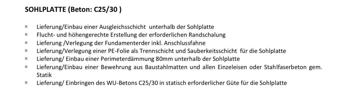 Eine Seite mit Stichpunkten zu Lieferung und Montage der Sohlplatte aus Beton C25/30.