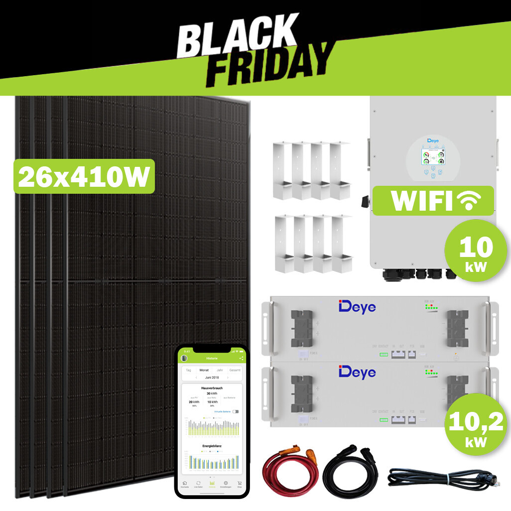 Solarpanel-Kit mit 26×410W Modulen, Deye Wechselrichtern, WLAN, 10 kW, Kabeln und Smartphone-App