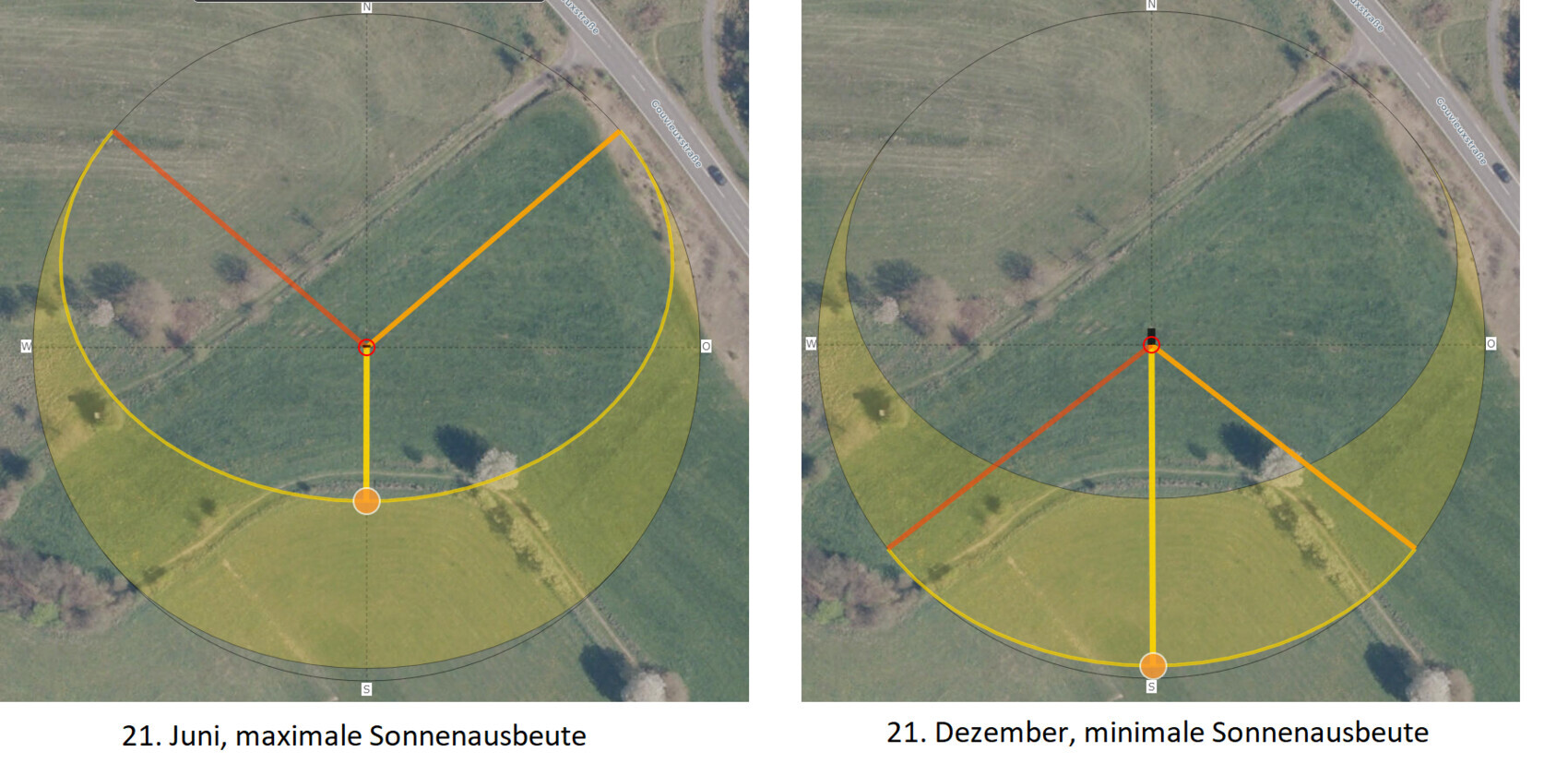 Zwei Karten zeigen Sonnenausbeute: 21. Juni maximale (links) und 21. Dezember minimale (rechts).