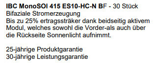 IBC MonoSOI 415 ES10-HC-N BF Solar-Modul, 30 Stueck, beidseitig aktiv