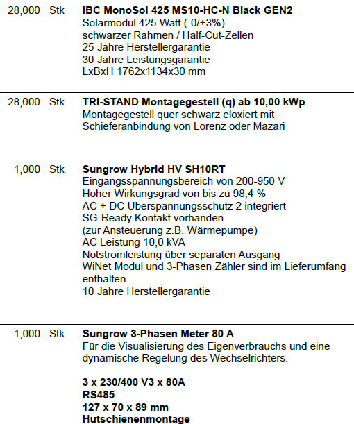 Produktliste: IBC MonoSol 425, TRI-STAND, Sungrow Hybrid HV SH10RT, Sungrow 3-Phasen Meter 80A