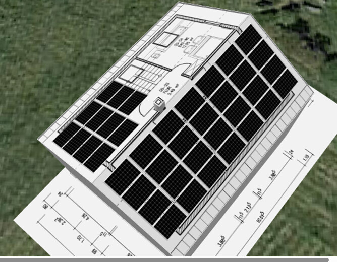 Isometrische Hausdarstellung mit Solarpanelen auf dem Dach und Bauplänen daneben.