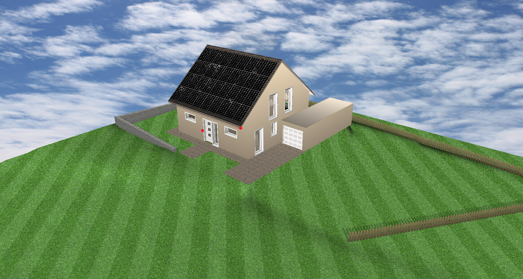 3D-Haus mit Solarmodulen auf dem Dach, steht auf grünem Hügel mit Zufahrt und Garage.