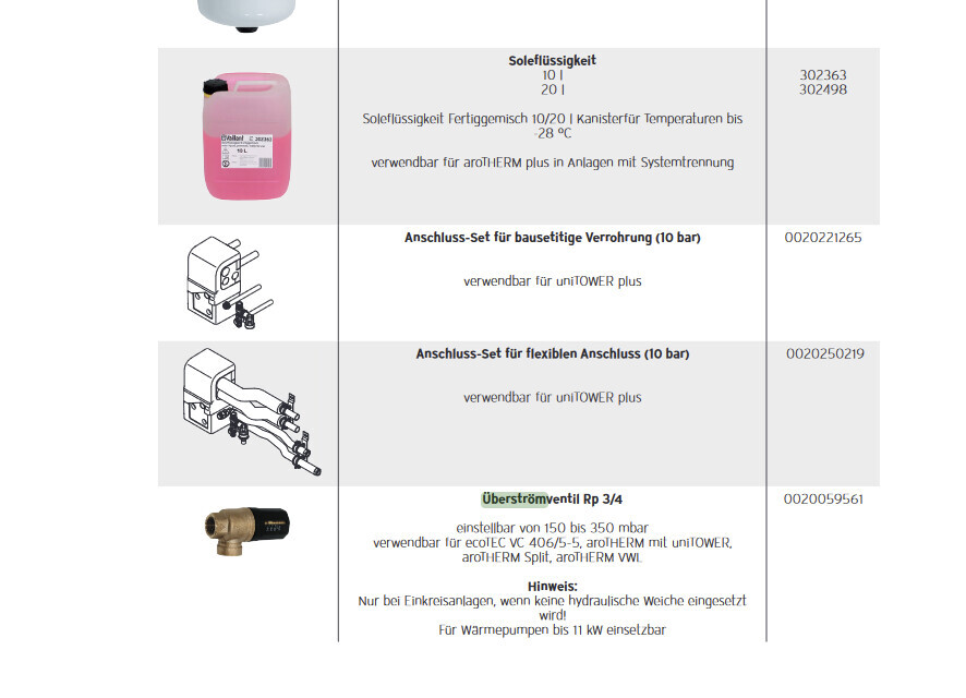Produktliste: pinker Soleflüssigkeit-Kanister, Anschluss-Sets und Überströmventil Rp 3/4.