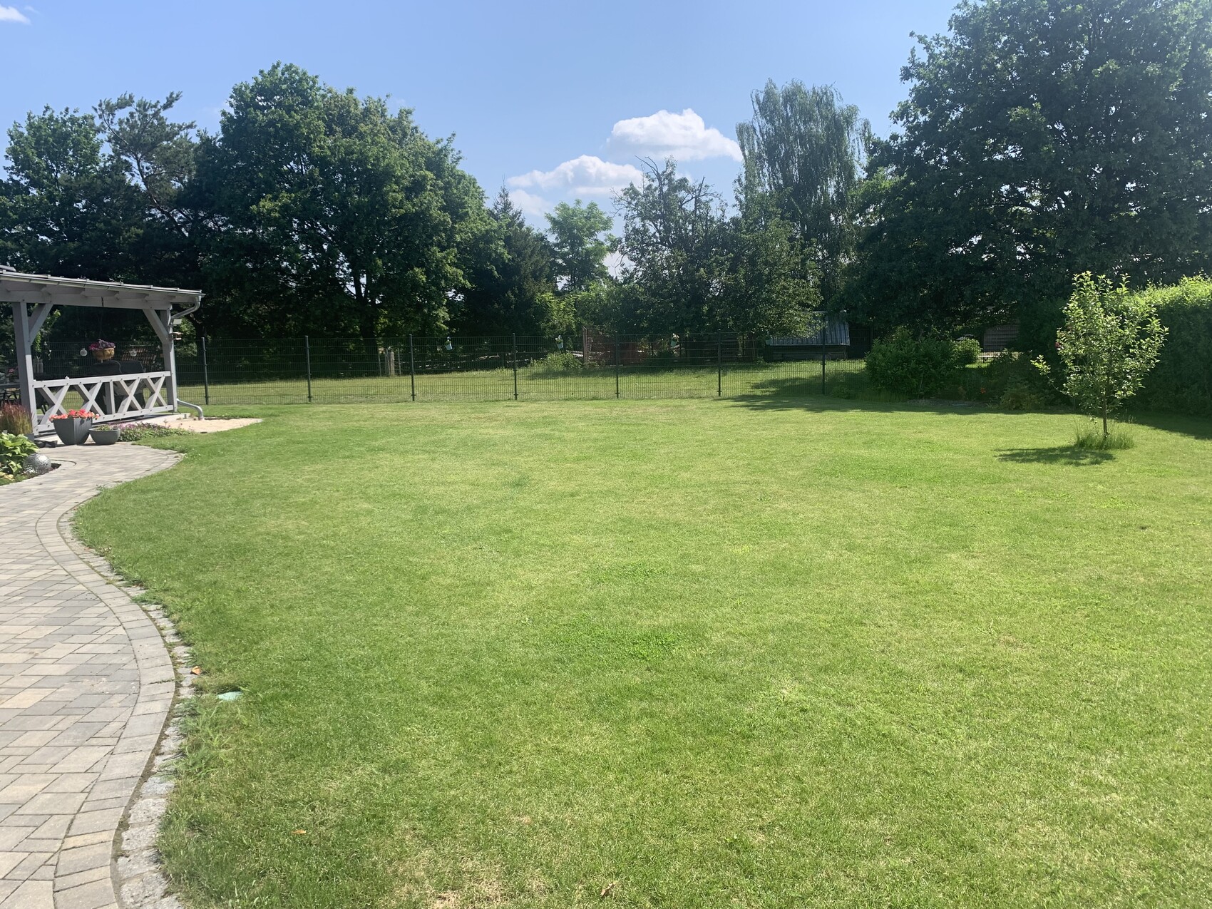 Garten mit grünem Rasen, links gepflasterter Weg, Pergola mit Blumen, Zaun im Hintergrund