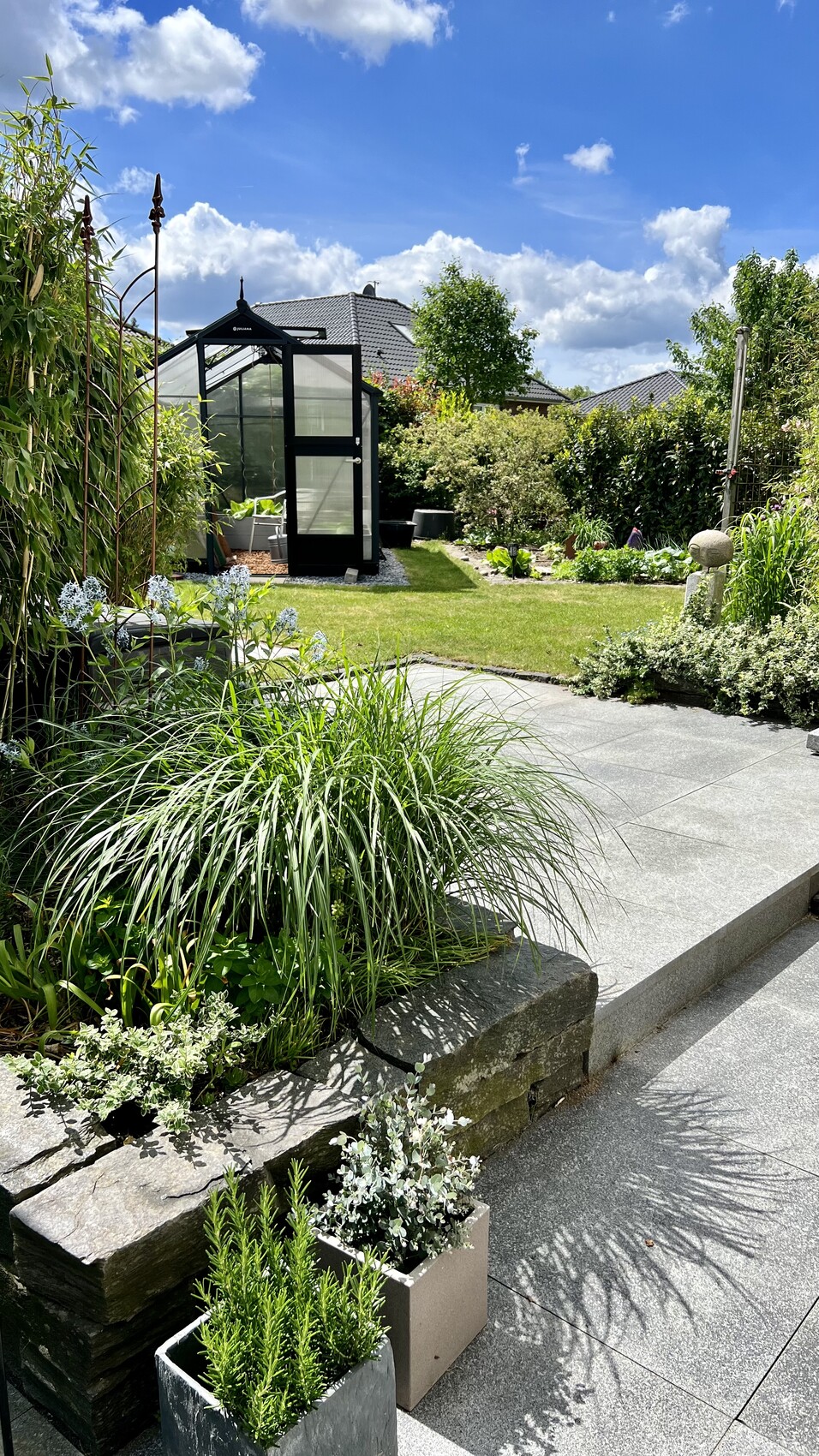 Garten mit schwarzem Glas-Gewächshaus, gepflastertem Weg, Stufen und grünen Pflanzen.