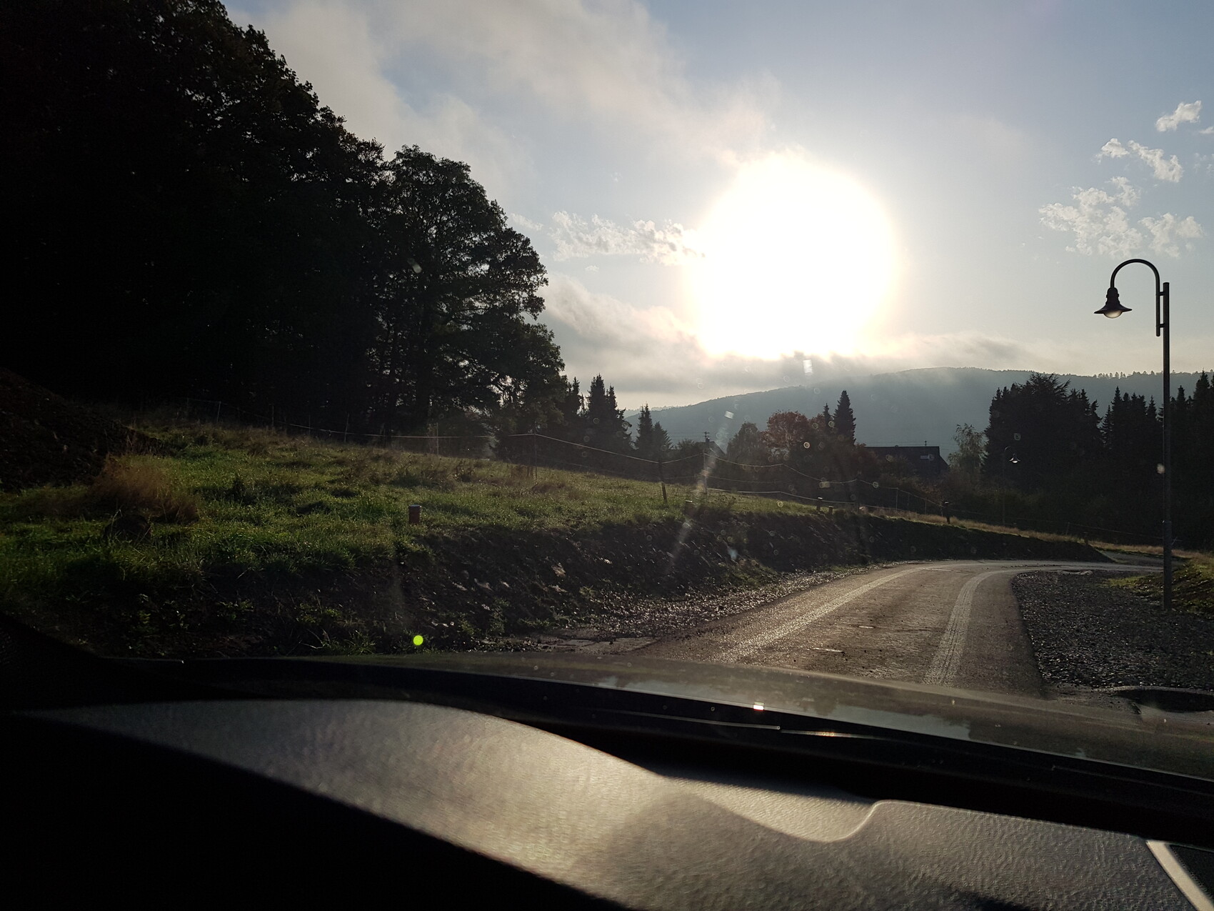 Blick aus dem Auto auf eine kurvige Landstraße, Grasflächen, Bäume und die Sonne am Himmel.