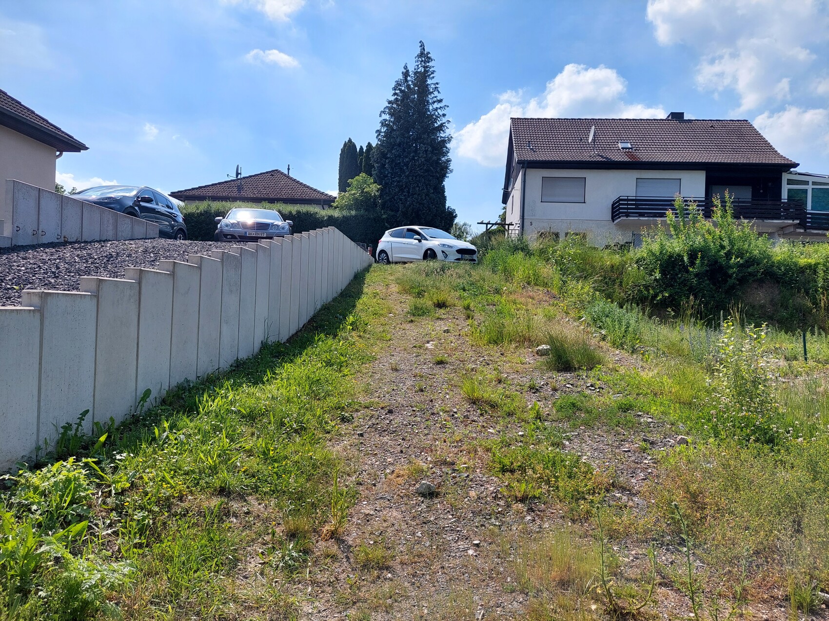 Vorort-Straße mit Betonmauer links, geparkten Autos und grasigem, unbebautem Gelände.
