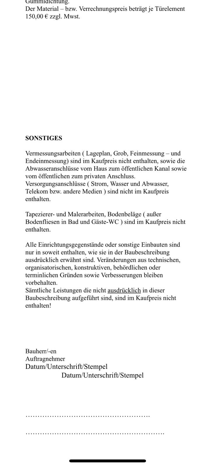 Seite mit Abschnitt SONSTIGES: Hinweise auf nicht enthaltene Bauleistungen und Bedingungen.
