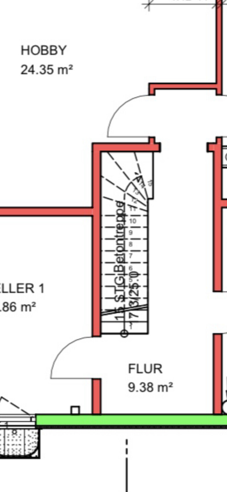 Grundriss eines Gebäudeteils: Hobbyraum, Flur und Kellerräume, spiralförmige Treppe, rote Wände.