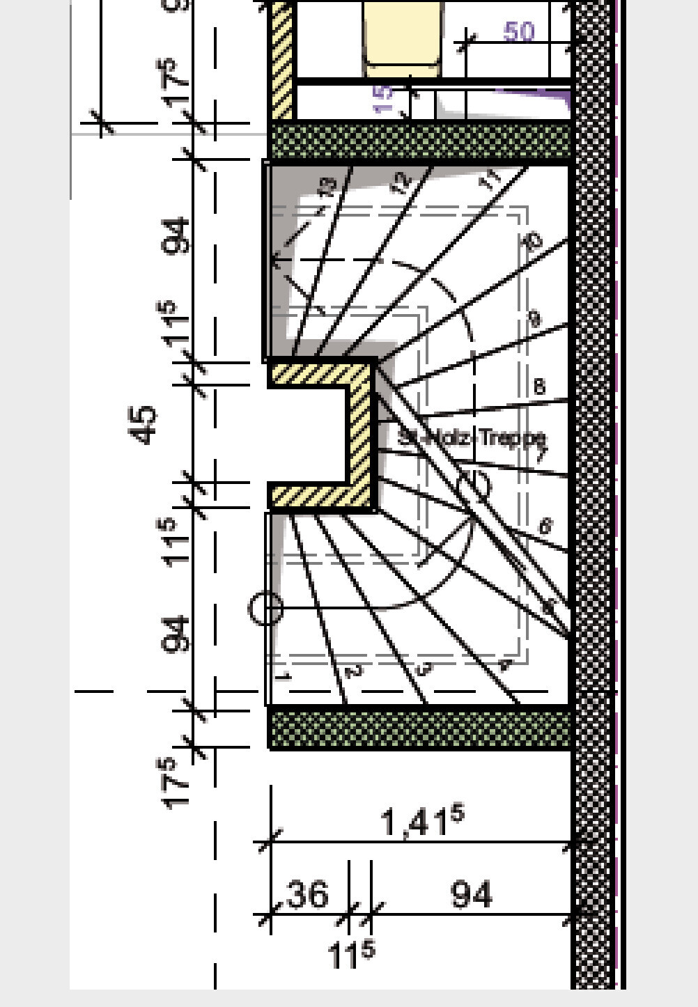 Architekturgrundriss einer Treppe im Innenbereich mit Maßlinien und schraffierten Wänden.