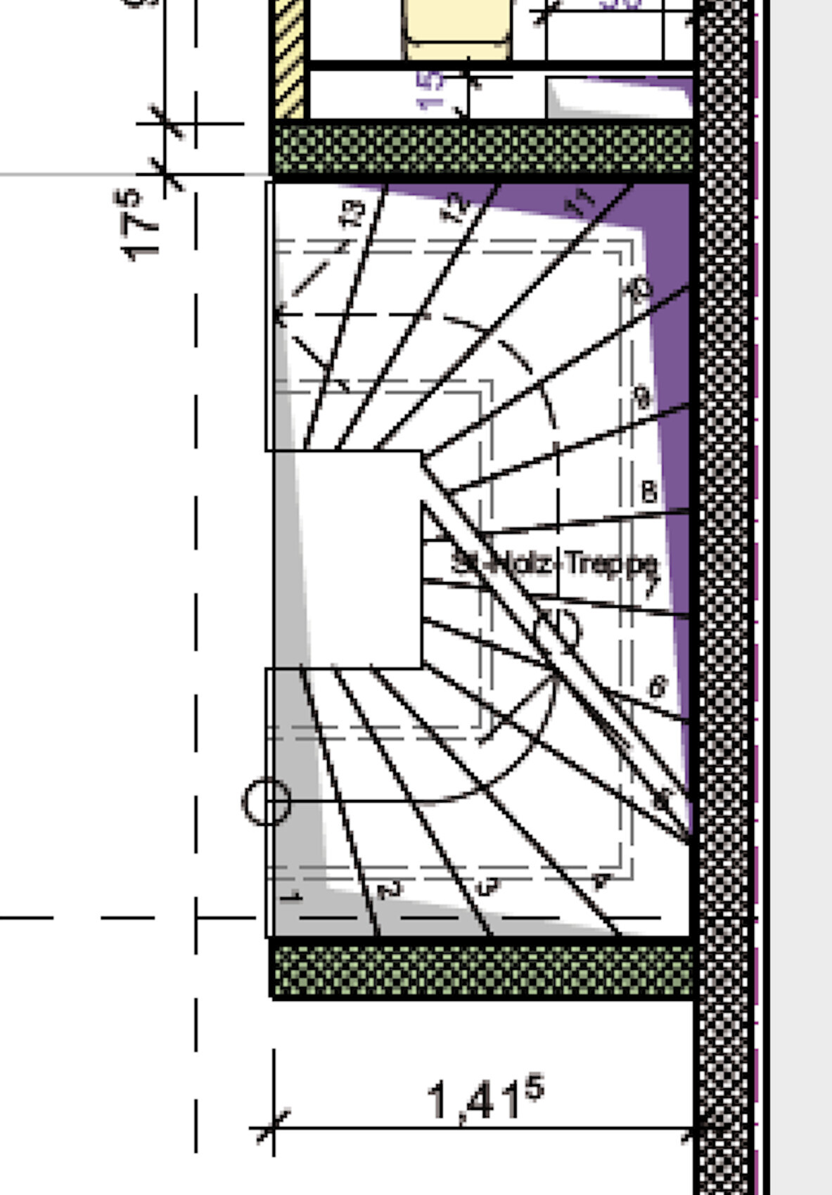 Architektonischer Detailplan eines spiralförmigen Treppenhauses mit Maßlinien und Beschriftungen