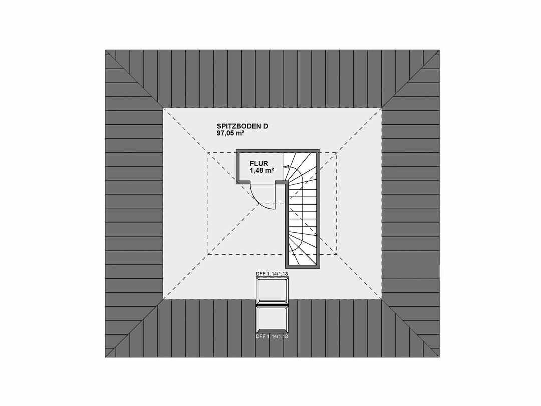 Dachgeschossplan: Spitzboden D (97,05 m²) mit Flur (1,48 m²) und Treppenaufgang