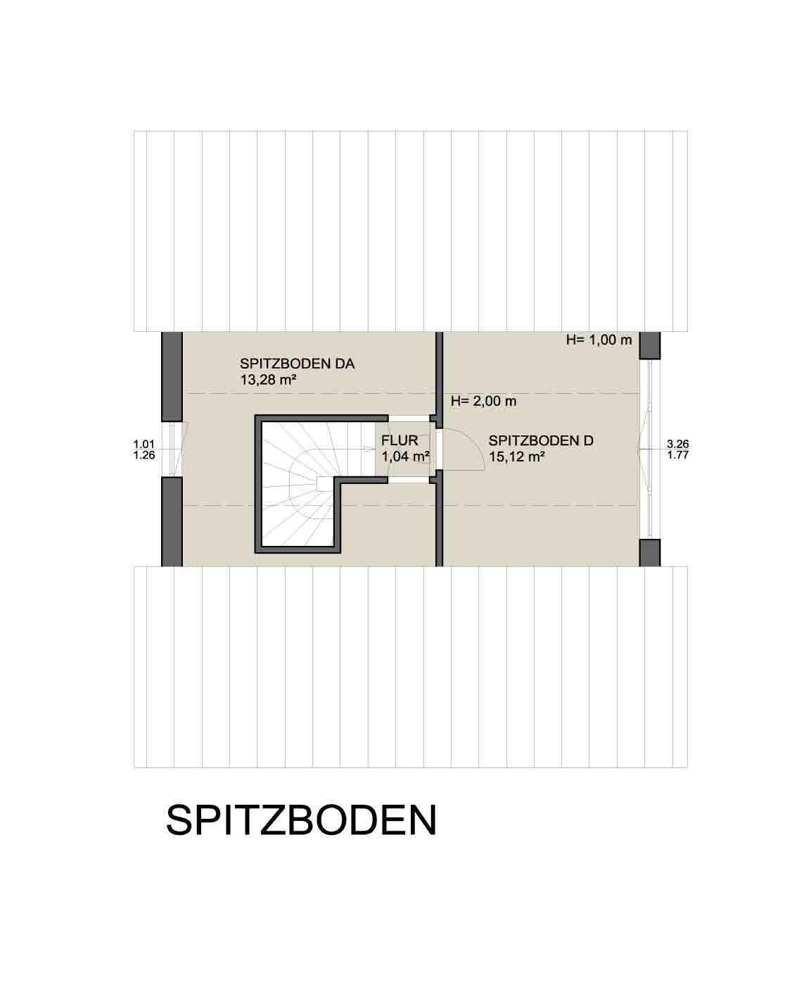 Dachgeschoss-Grundriss: Spitzboden DA 13,28 m², Spitzboden D 15,12 m², Flur, Treppe.