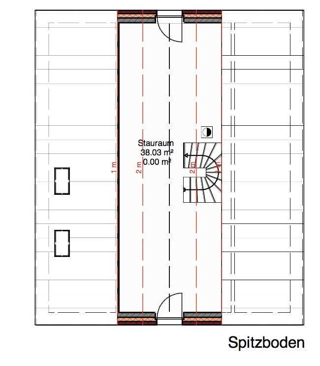 Grundrissplan des Spitzbodens mit Staufläche und spiralförmiger Treppe