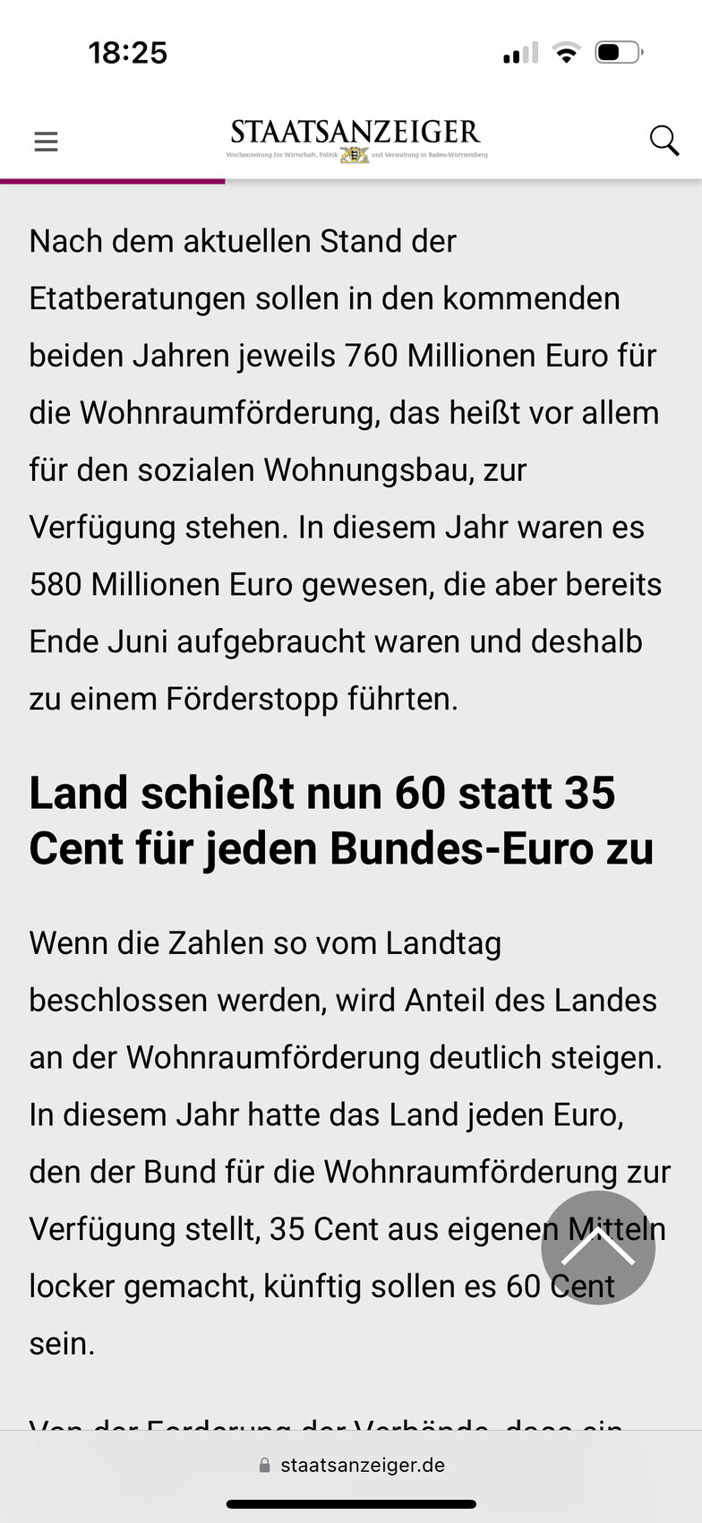 Screenshot der Staatsanzeiger-Website mit Überschrift: 60 Cent pro Euro für Wohnraumförderung.