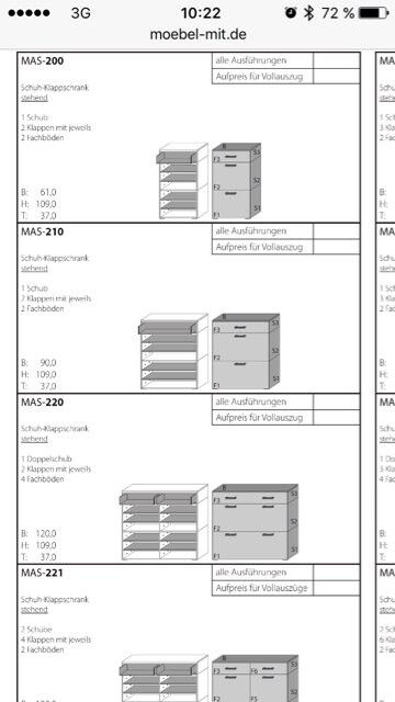 Übersicht der Schuh-Klappschränke MAS-200 bis MAS-221 mit Abbildungen und Maßen