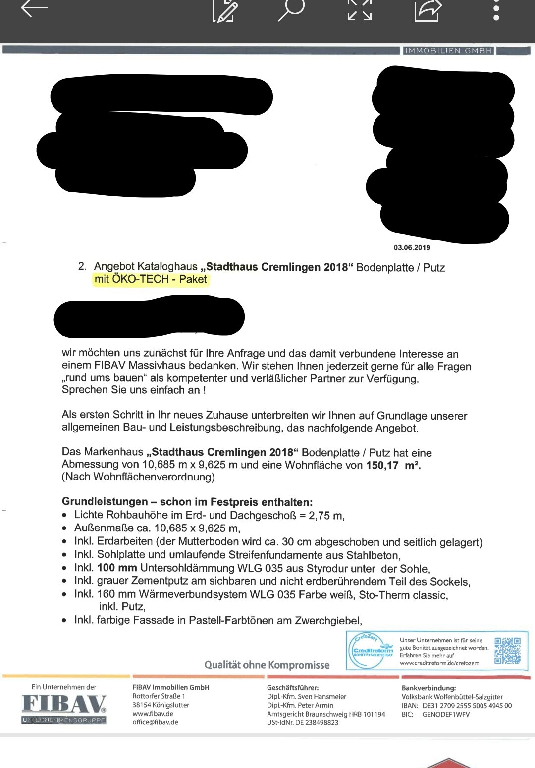 Dokumentenauszug: Angebot Stadthaus Cremlingen 2018 – Bodenplatte/Putz, ÖKO-TECH-Paket