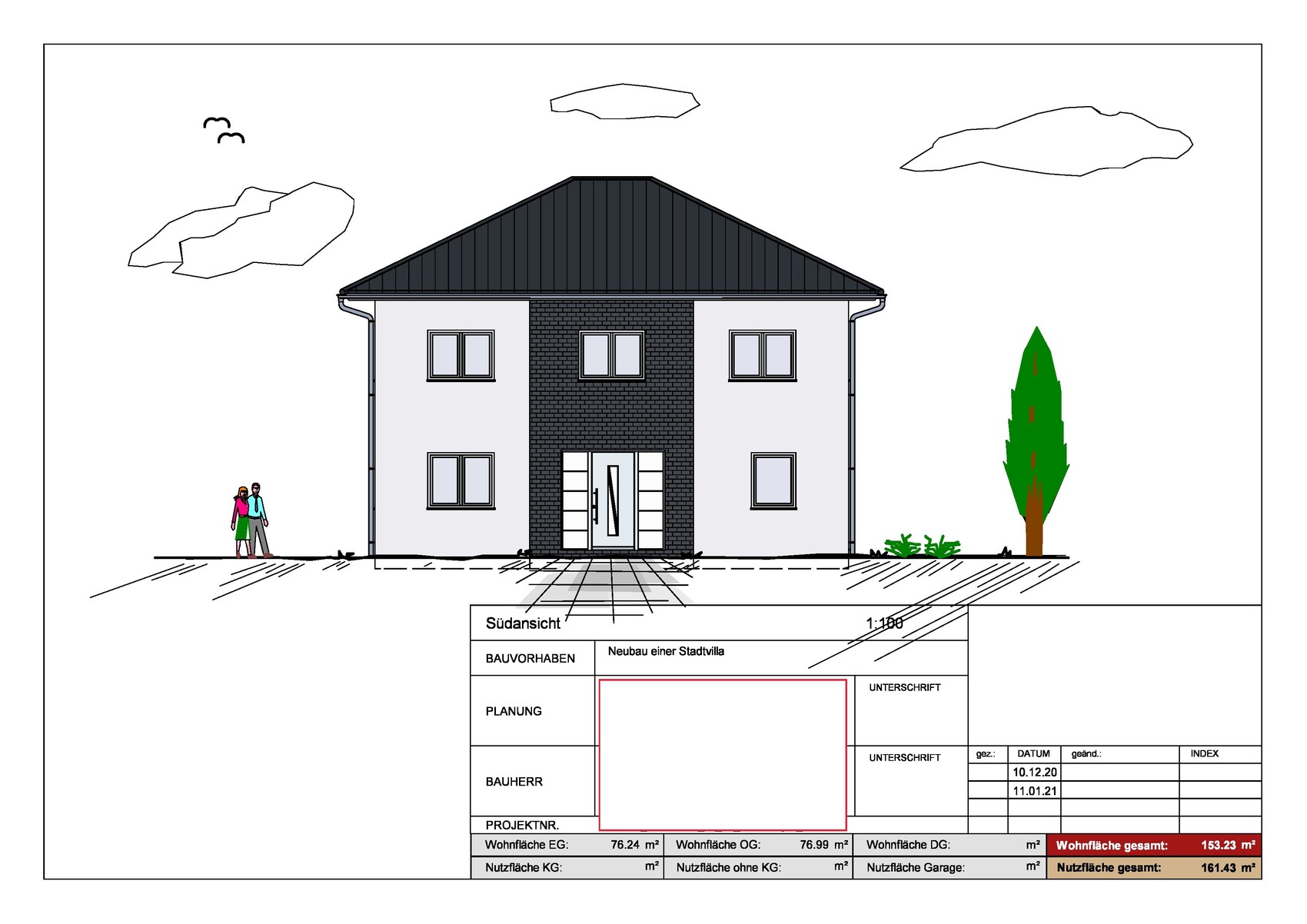 Suedansicht eines zweigeschossigen Hauses mit Eingang und Bauplan im Vordergrund