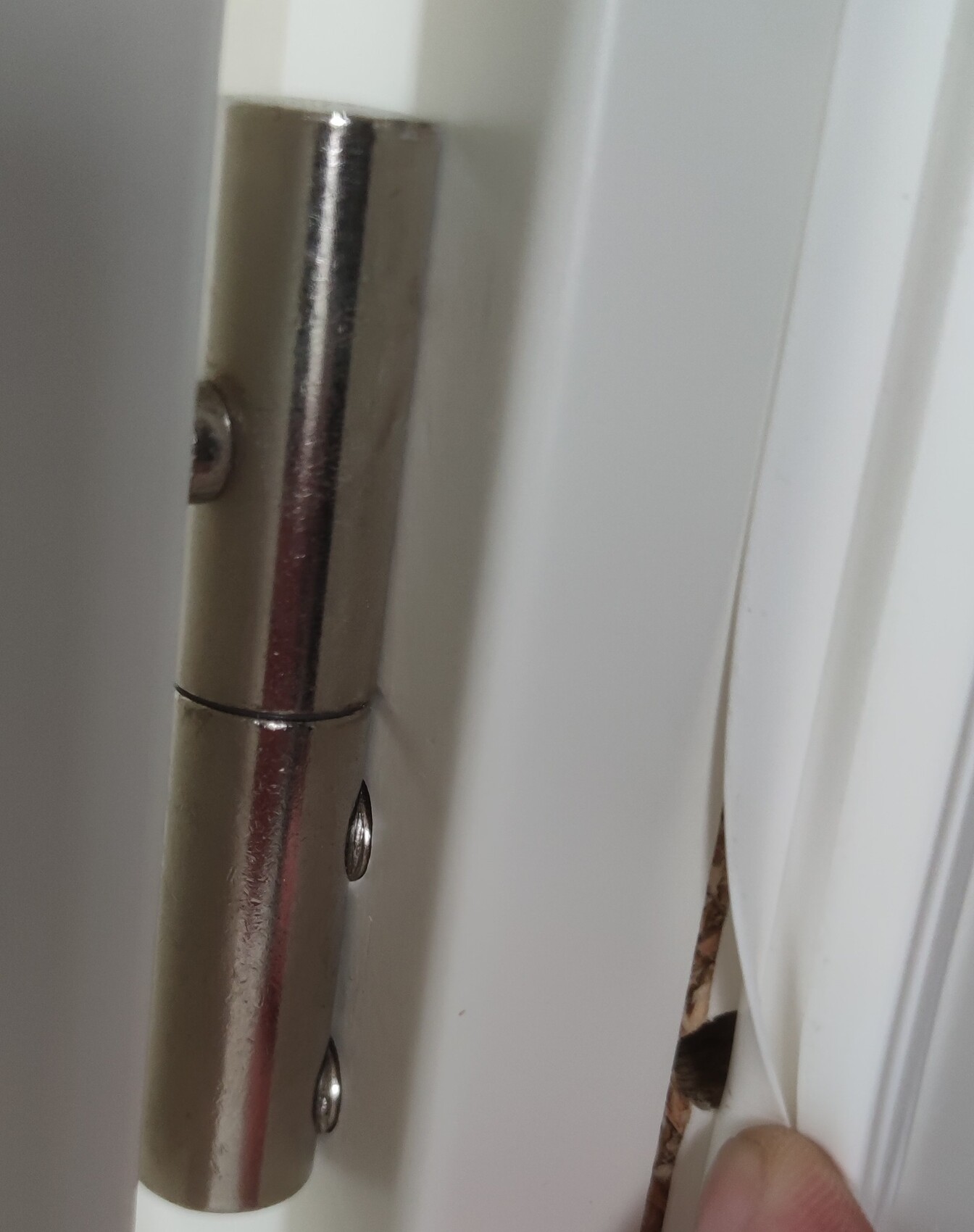 Nahaufnahme eines metallischen Türscharnierstifts am Türrahmen, Schrauben sichtbar.