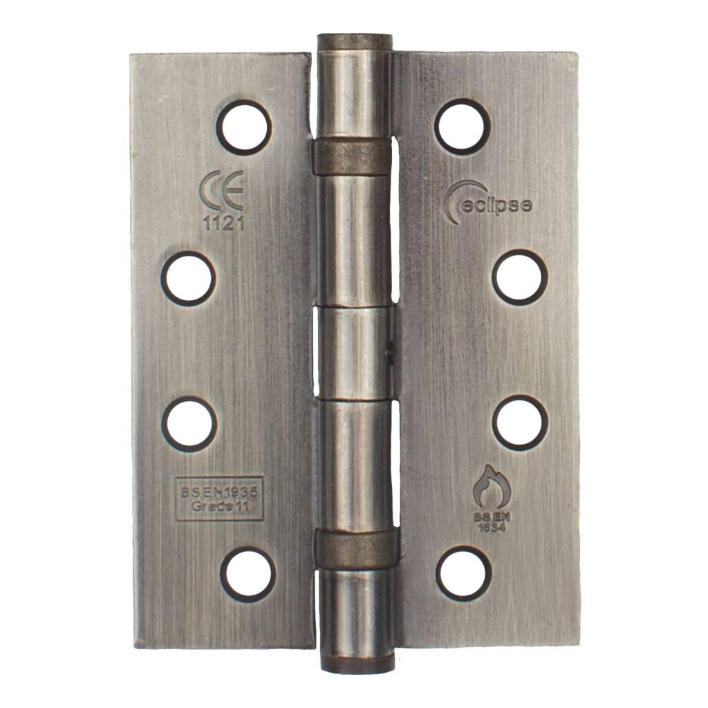 Scharnier aus Metall mit zwei Platten, zentralem Stift und mehreren Löchern.