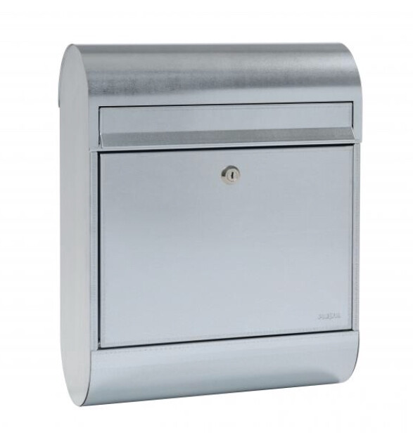 Silberner Metall-Briefkasten mit Briefschlitz oben und Schloss vorne