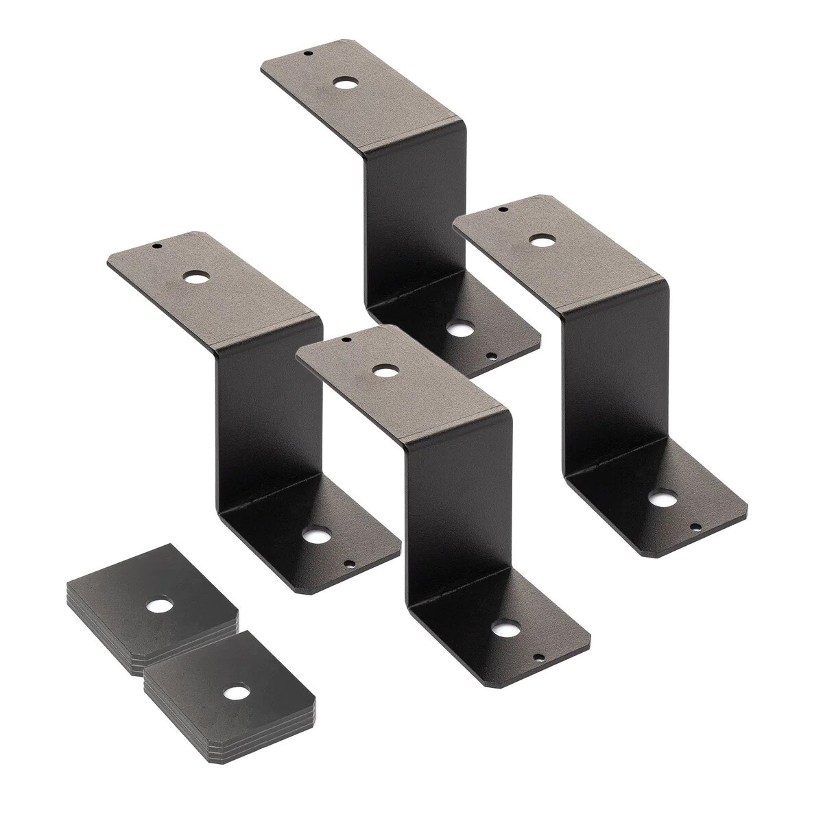 Mehrere schwarze Metallwinkel mit Befestigungslöchern.