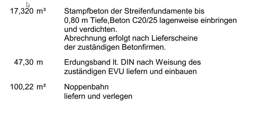 Baustellenliste mit Mengenangaben: Stampfbeton, Erdungsband, Noppenbahn