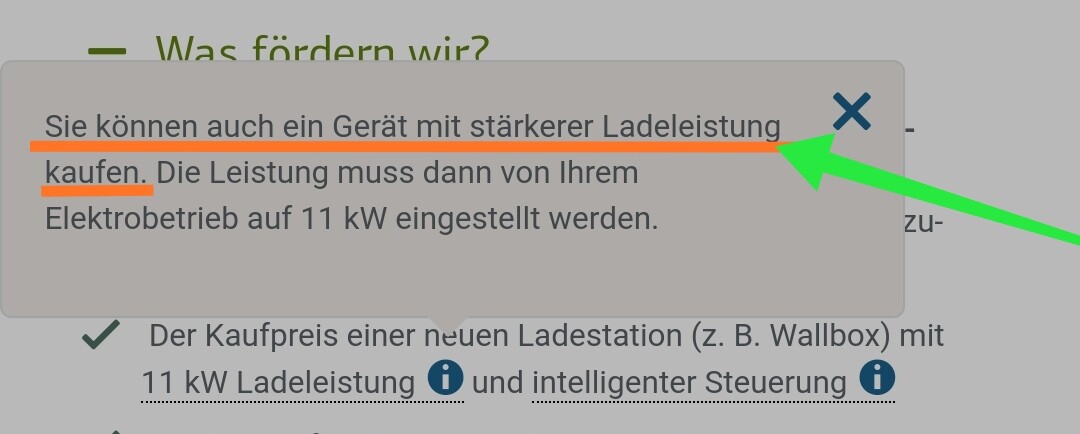 Modalfenster mit Hinweis: Gerät mit 11 kW Ladeleistung; Schließen-Icon sichtbar