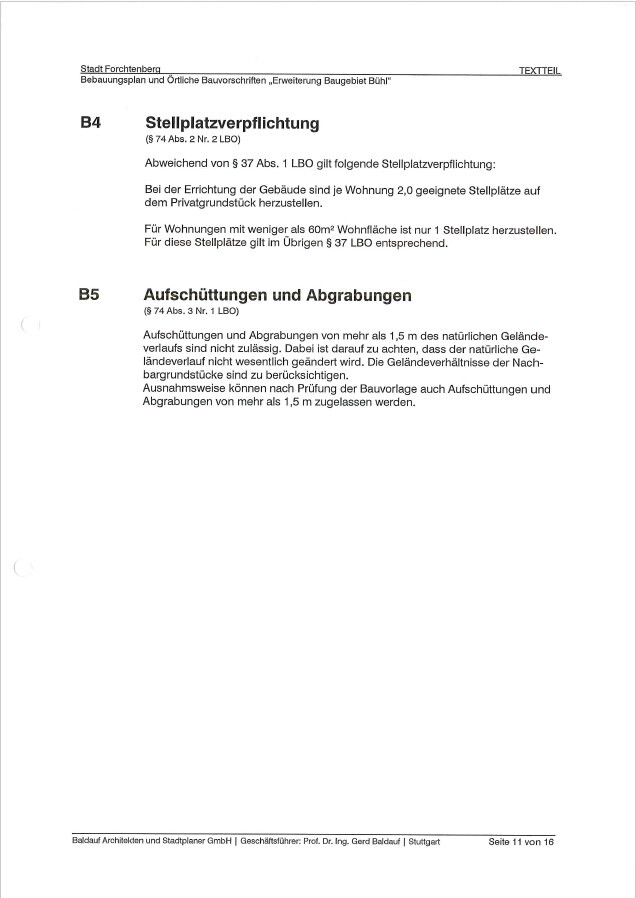 Dokumentenseite mit Abschnitt B4 Stellplatzverpflichtung und B5 Aufschüttungen/Abgrabungen