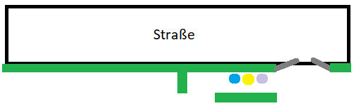 Schild mit der Aufschrift Straße über einer grünen Straße, Gehweg und bunten Kreisen.