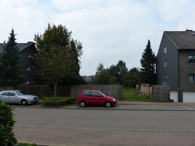 Straßenansicht mit geparkten Autos, Bäumen und Wohnhäusern im Wohngebiet