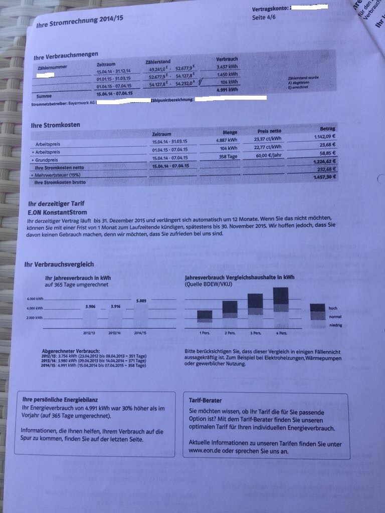 Stromrechnung 2014/15 mit Verbrauch, Kosten und Tarifen.
