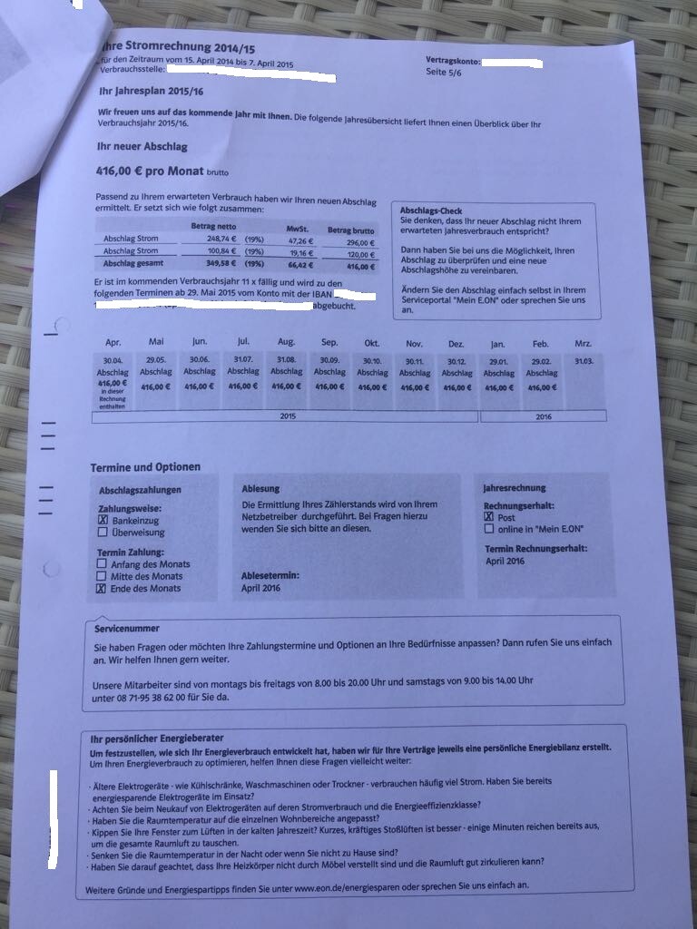 Stromabrechnungsformular mit Abschlagsdaten, Terminen und Hinweisen.