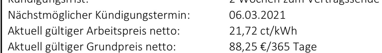 Ausschnitt einer Preistabelle mit Kündigungsfrist, nächstmöglicher Termin und Netto-Preisen.