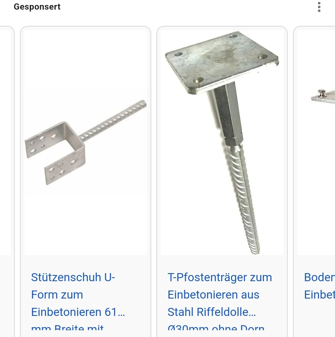 Metallanker zum Einbetonieren: U-förmiger Stützenschuh und T-Pfostenanker aus Stahl.