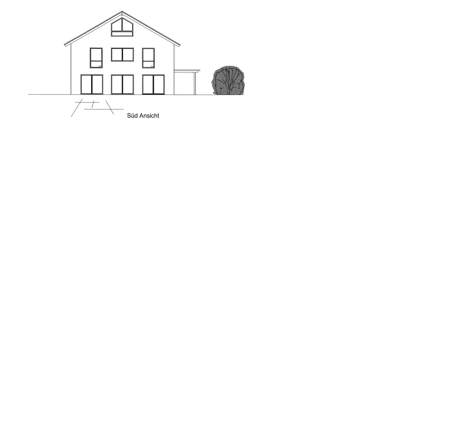 Süd Ansicht eines zweigeschossigen Hauses als Skizze mit Fenstern und Baum