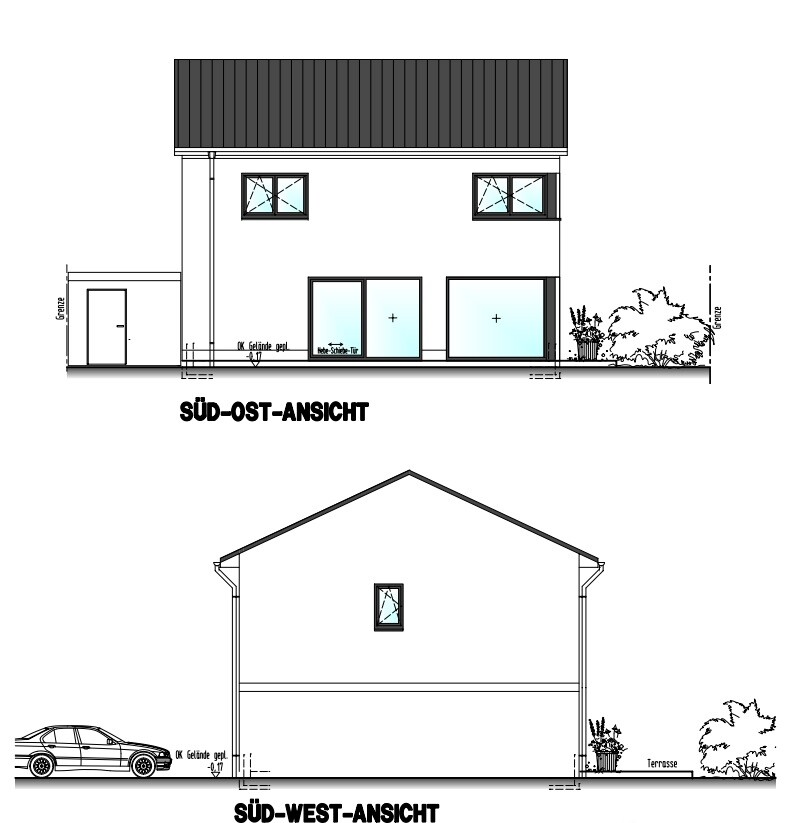 Modernes zweigeschossiges Haus: Südost-Ansicht mit Glasfront, Südwest-Ansicht mit Garage